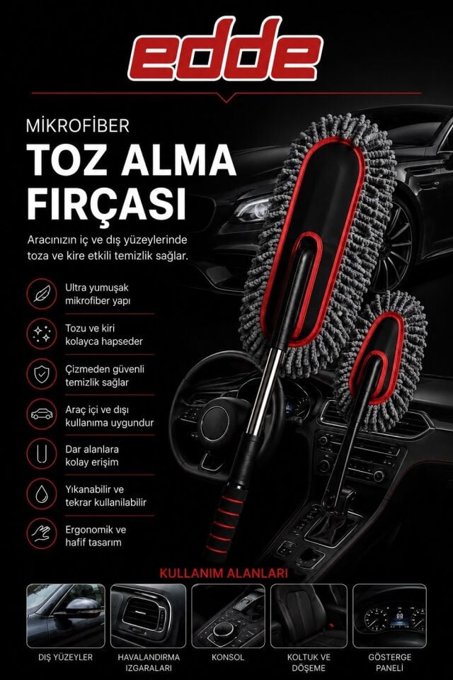 Edde Araba Araç Oto Mikrofiber Toz Alma Fırçası 2'li Set