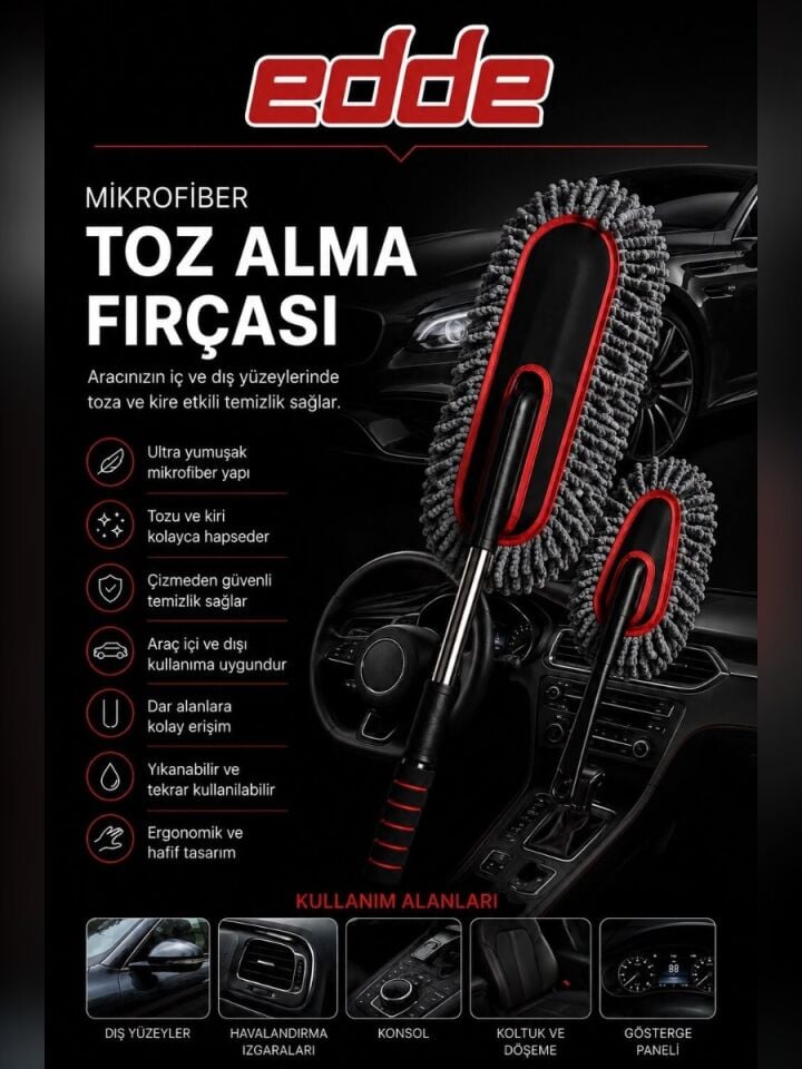Edde Araba Araç Oto Mikrofiber Toz Alma Fırçası 2'li Set