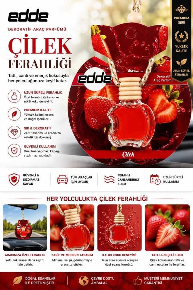 Edde Çilek Kokulu Askılı Apple Araba Araç Oto Kokusu Dikiz Aynası Kokusu