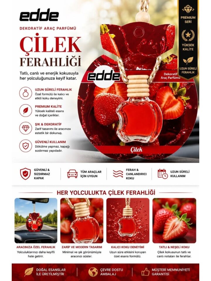 Edde Çilek Kokulu Askılı Apple Araba Araç Oto Kokusu Dikiz Aynası Kokusu