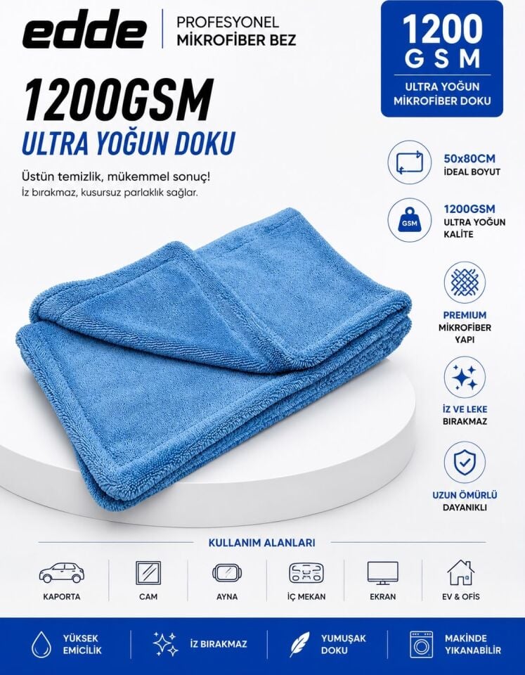 Edde Pro Araba Araç Oto Mikrofiber Kurulama Bezi Havlusu Çift Katlı Ulra Kalın Ithal Mavi 50×80 cm