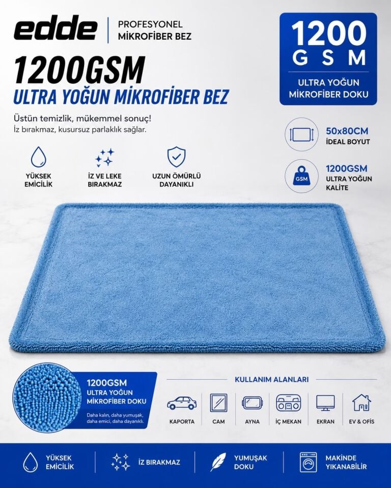 Edde Pro Araba Araç Oto Mikrofiber Kurulama Bezi Havlusu Çift Katlı Ulra Kalın Ithal Mavi 50×80 cm