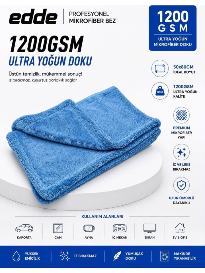 Edde Pro Araba Araç Oto Mikrofiber Kurulama Bezi Havlusu Çift Katlı Ulra Kalın Ithal Mavi 50×80 cm