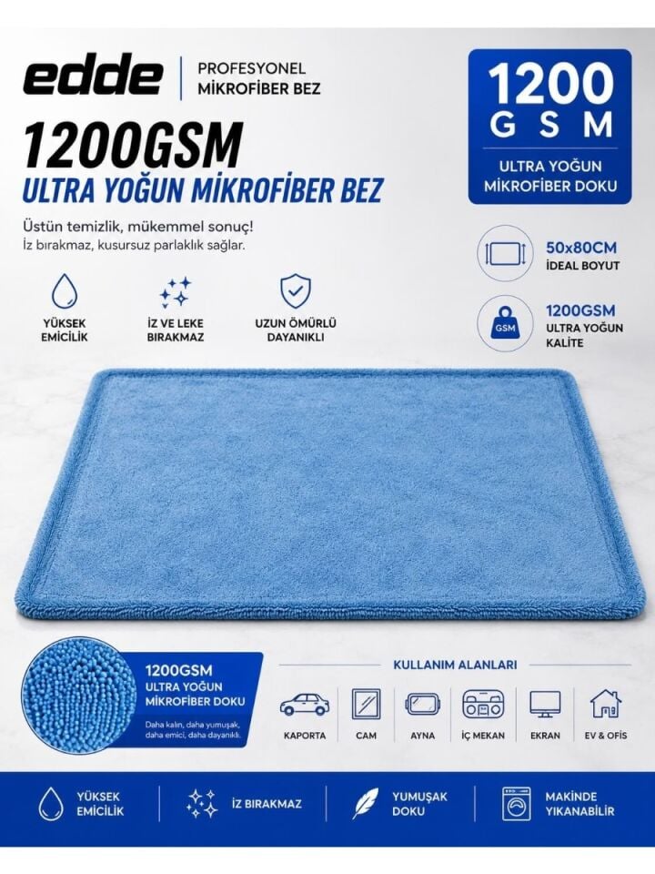 Edde Pro Araba Araç Oto Mikrofiber Kurulama Bezi Havlusu Çift Katlı Ulra Kalın Ithal Mavi 50×80 cm