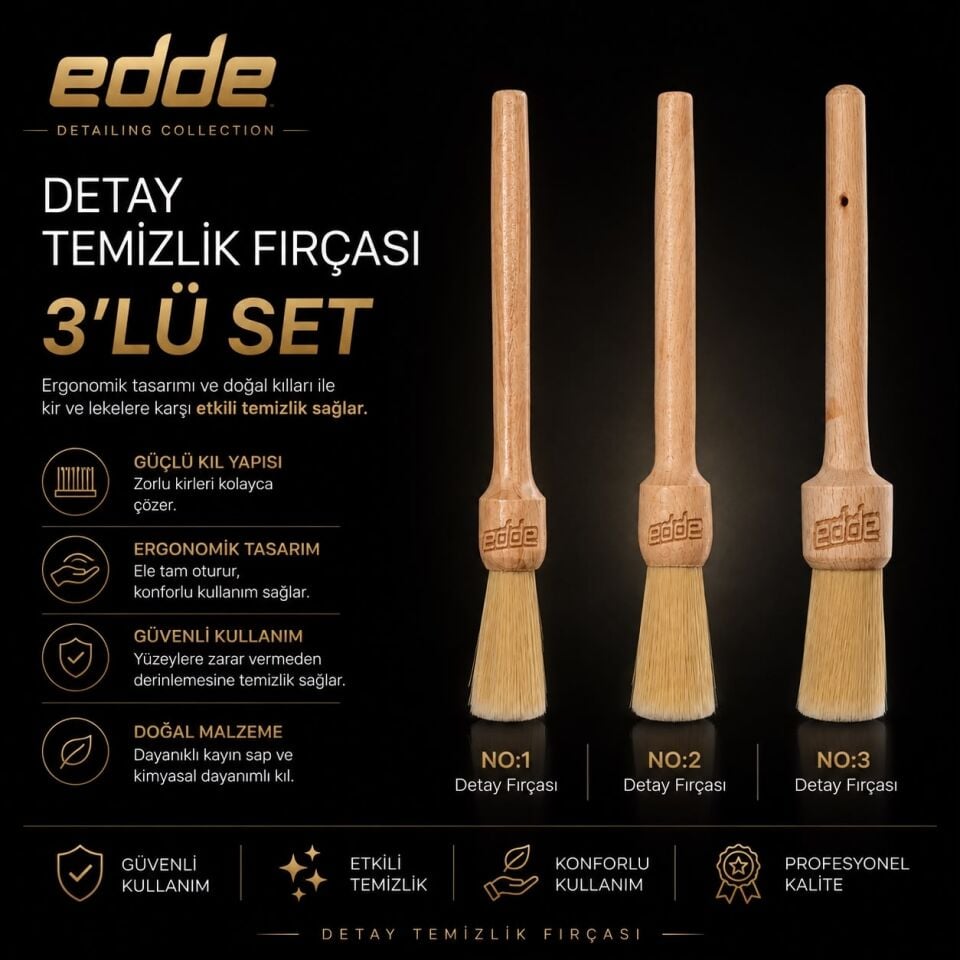 Edde Araba Araç Oto Yıkama At Kılı Detay Fırçası Seti Detailing Fırçası Detaylı Temizlik Fırçası 3’lü Pro