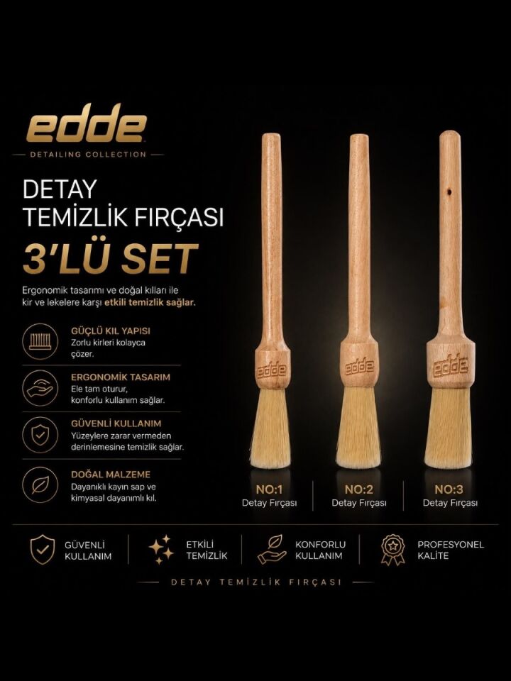 Edde Araba Araç Oto Yıkama At Kılı Detay Fırçası Seti Detailing Fırçası Detaylı Temizlik Fırçası 3’lü Pro