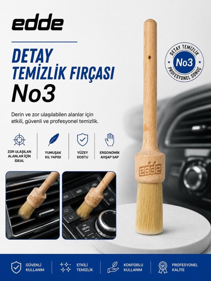 Edde Araba Araç Oto Yıkama At Kılı Detay Fırçası Detailing Fırçası Detaylı Temizlik Fırçası No:3