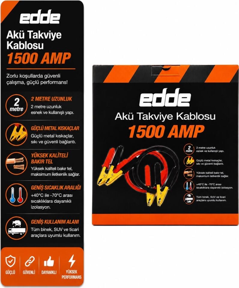 Edde Araba Araç Oto Akü Takviye Kablosu 1500 Amper