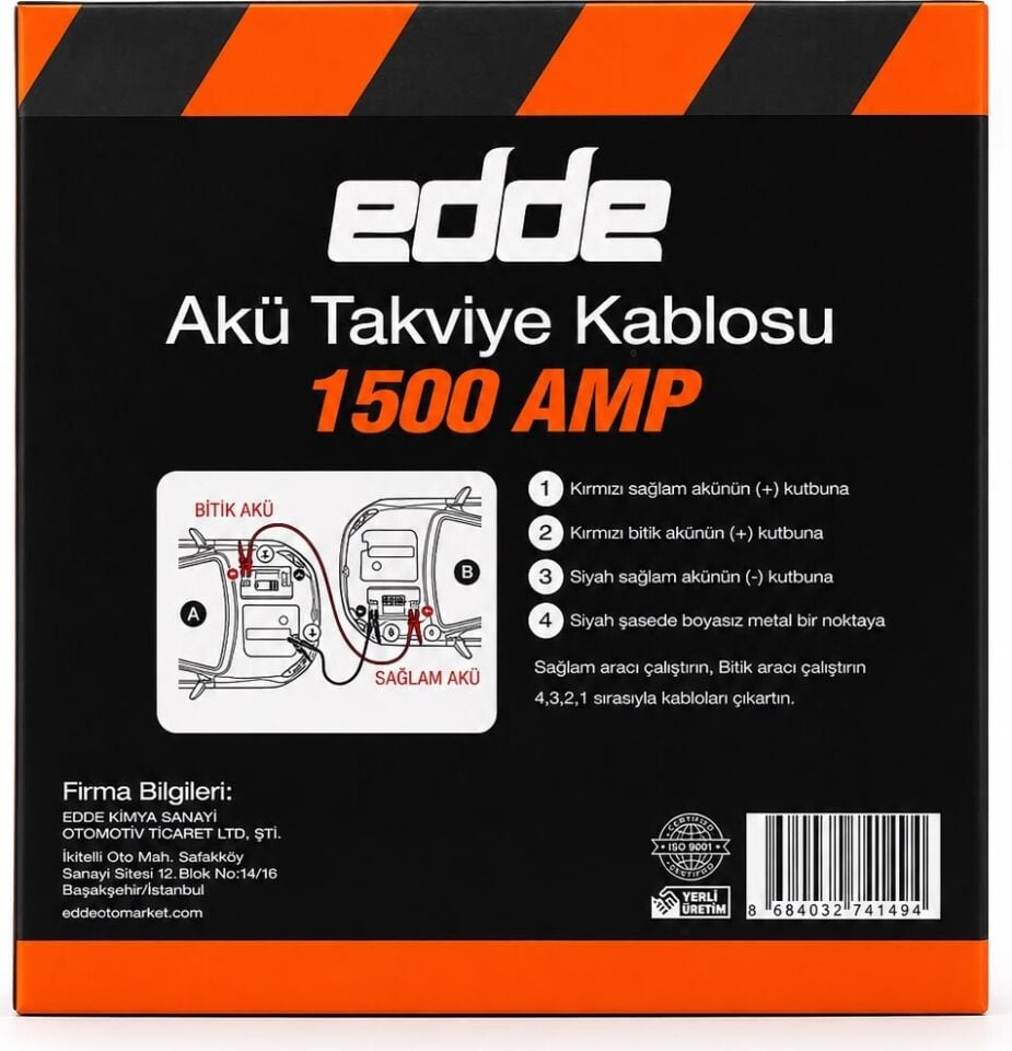 Edde Araba Araç Oto Akü Takviye Kablosu 1500 Amper