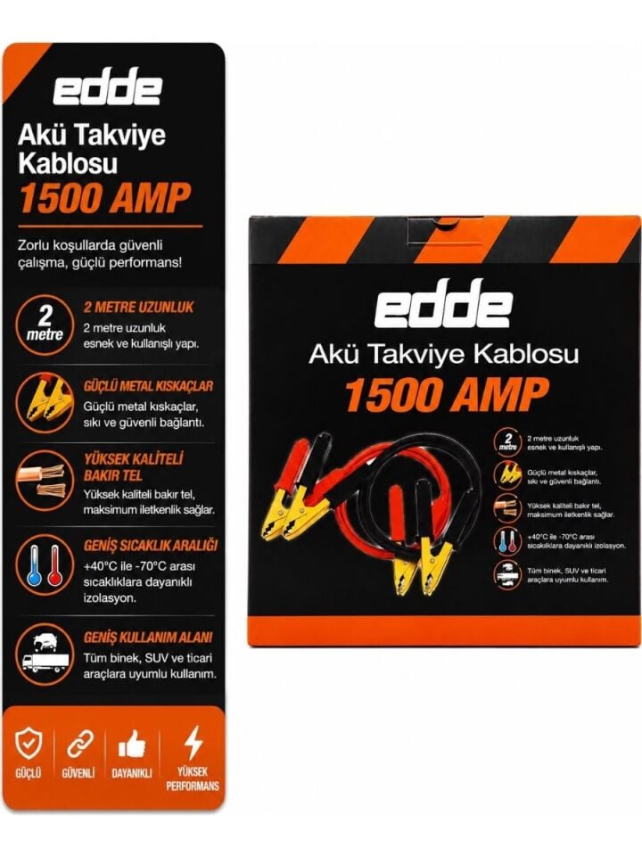 Edde Araba Araç Oto Akü Takviye Kablosu 1500 Amper