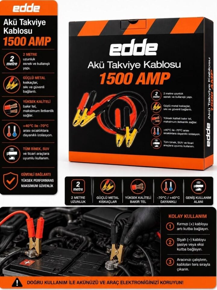 Edde Araba Araç Oto Akü Takviye Kablosu 1500 Amper