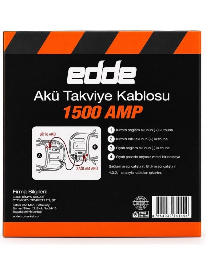 Edde Araba Araç Oto Akü Takviye Kablosu 1500 Amper