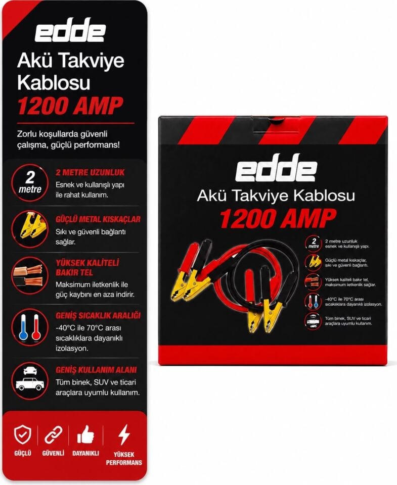 Edde Araba Araç Oto Akü Takviye Kablosu 1200 Amper
