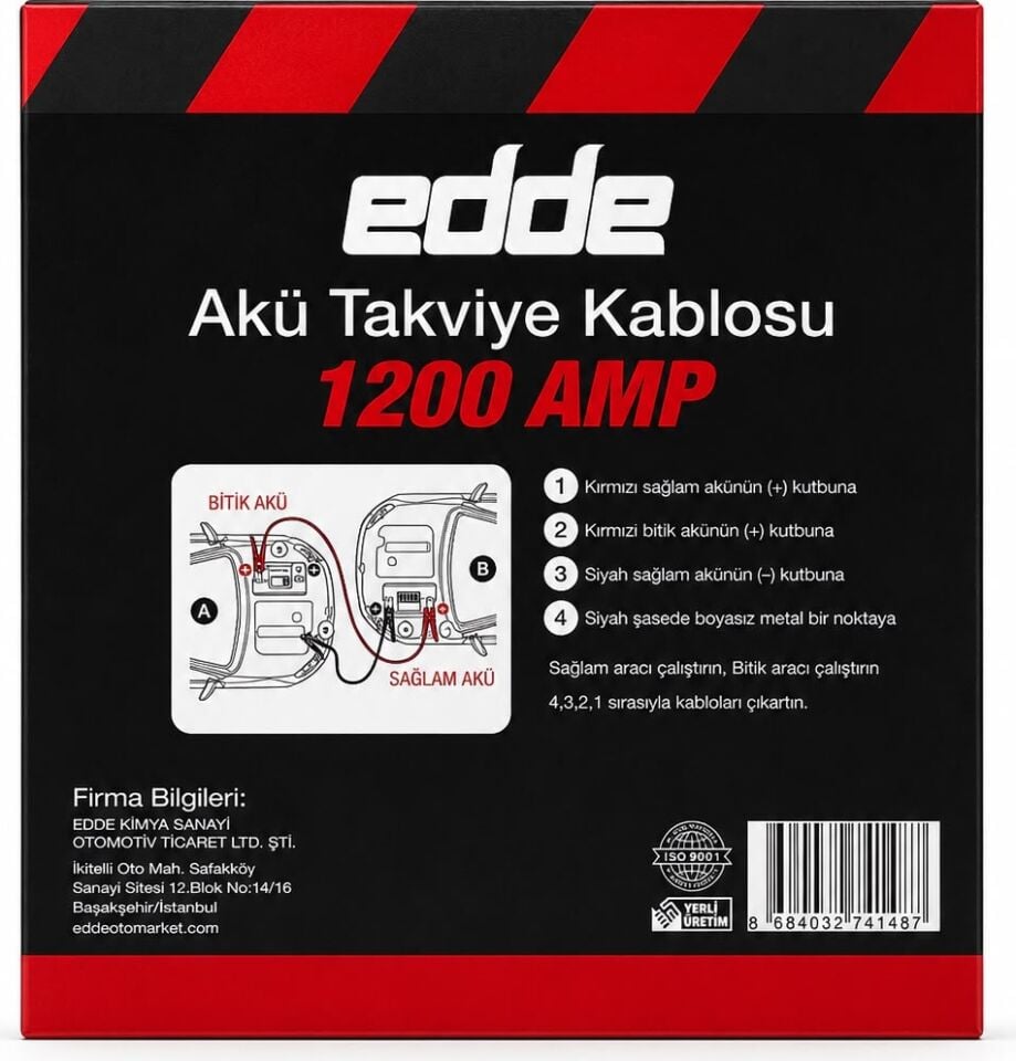 Edde Araba Araç Oto Akü Takviye Kablosu 1200 Amper