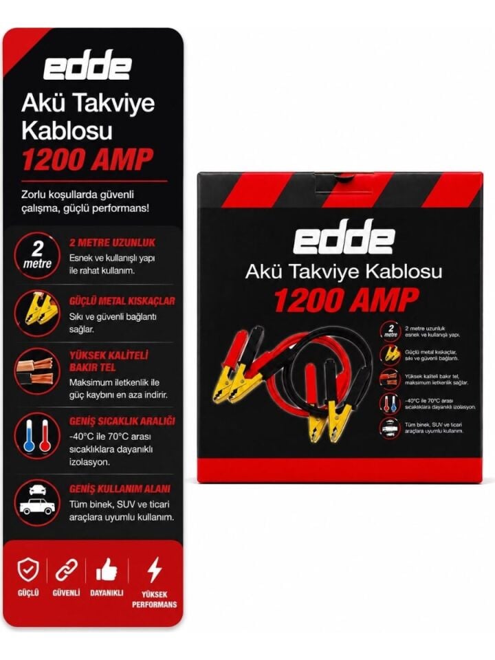 Edde Araba Araç Oto Akü Takviye Kablosu 1200 Amper