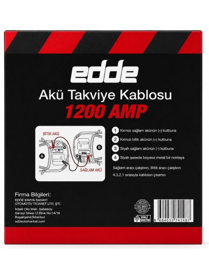 Edde Araba Araç Oto Akü Takviye Kablosu 1200 Amper