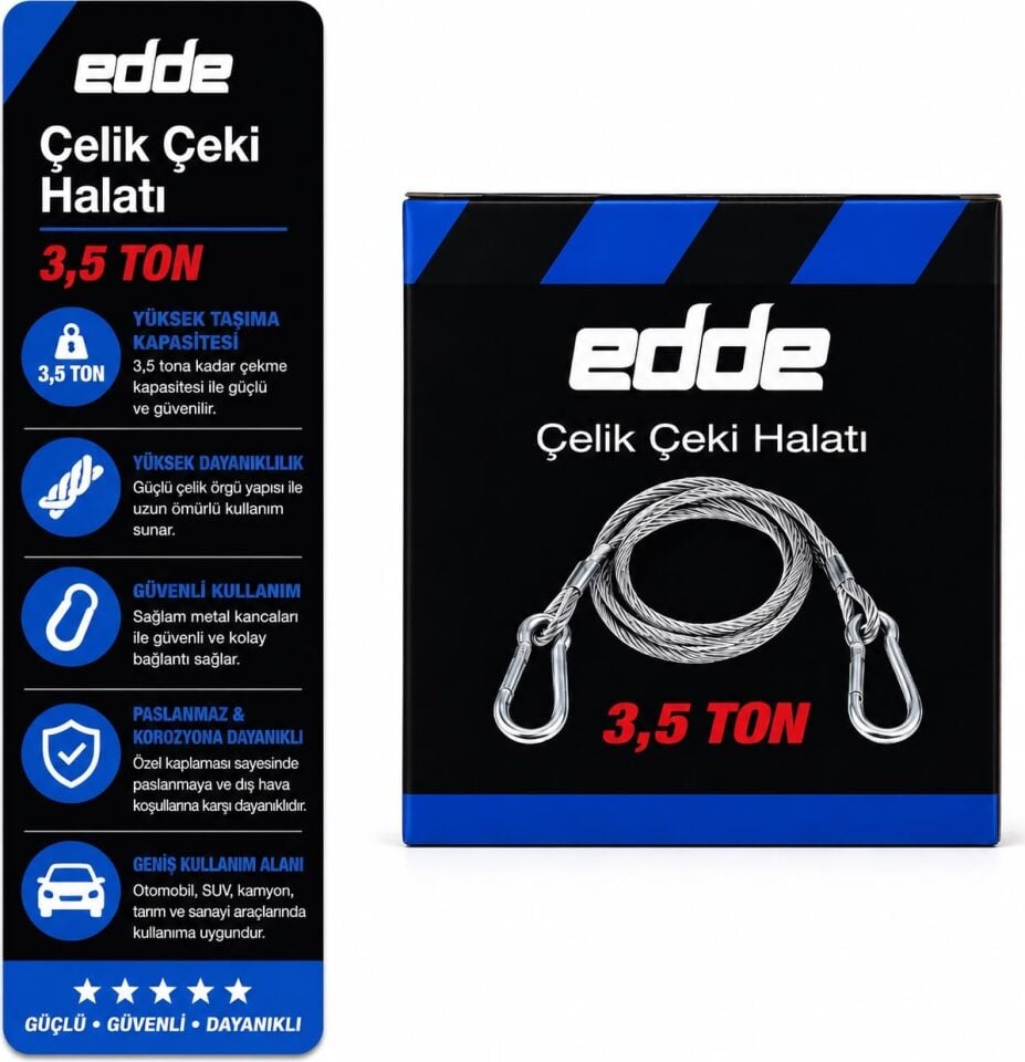 Edde Araba Araç Oto Çelik Çeki Halatı 3,5 Ton Araç Çekme Halatı