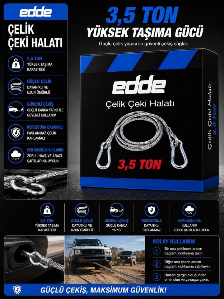 Edde Araba Araç Oto Çelik Çeki Halatı 3,5 Ton Araç Çekme Halatı
