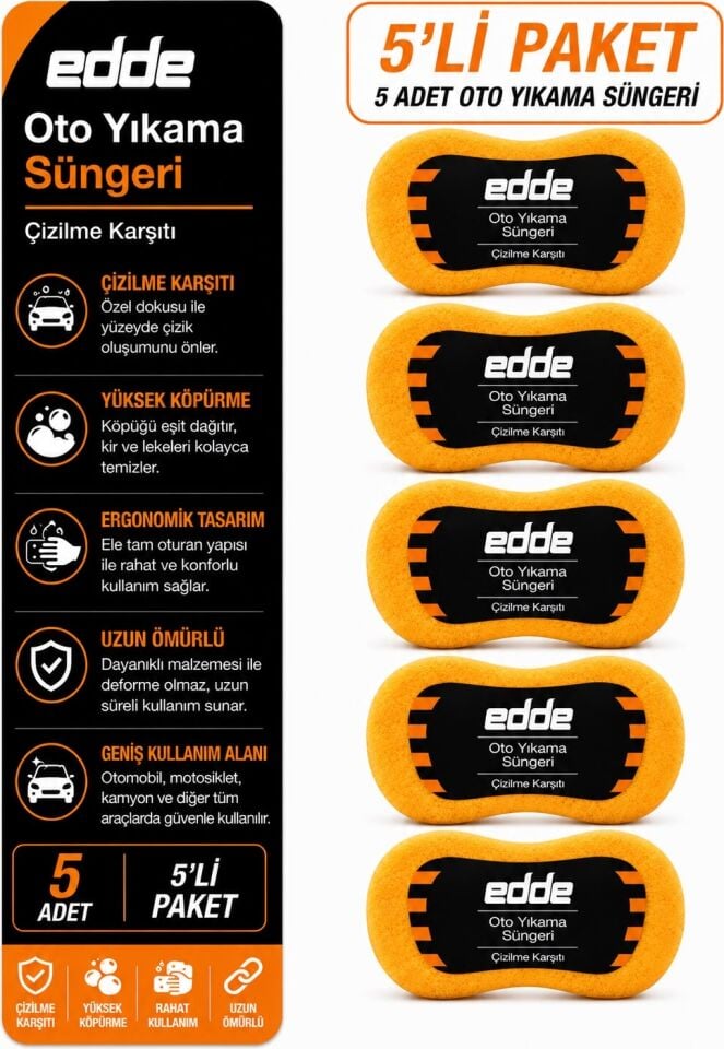 Edde Araba Araç Oto Yıkama Temizleme Süngeri 5 Adet Set Oto Detailing
