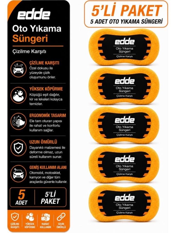 Edde Araba Araç Oto Yıkama Temizleme Süngeri 5 Adet Set Oto Detailing