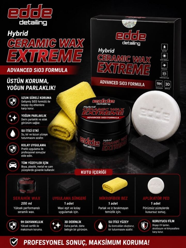 Edde Araba Araç Oto Sio3 Pro Hybrid Ceramic Wax Krem Cila 9h 200GR 4lü Seramik Kaplama Boya Koruma Seti