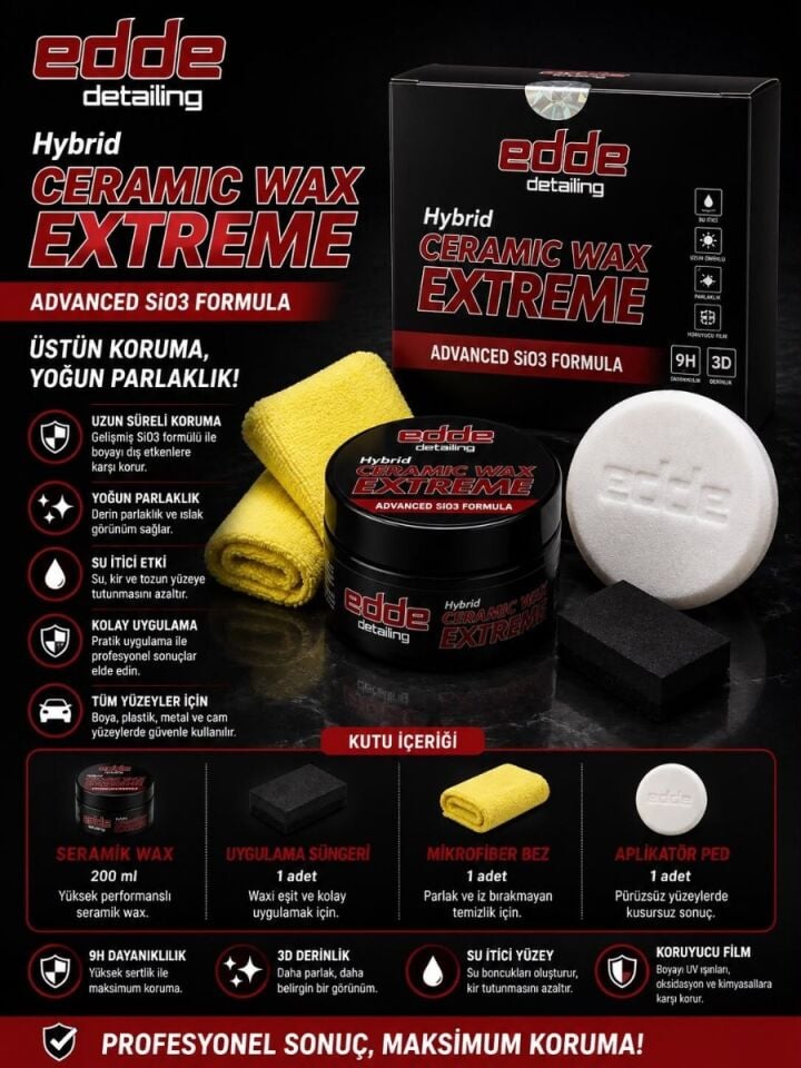 Edde Araba Araç Oto Sio3 Pro Hybrid Ceramic Wax Krem Cila 9h 200GR 4lü Seramik Kaplama Boya Koruma Seti