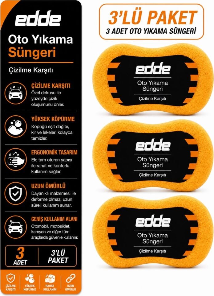 Edde Araba Araç Oto Yıkama Temizleme Süngeri 3 Adet Set Oto Detailing