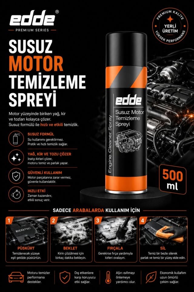 Edde Araba Araç Oto Susuz Motor Temizleyici Sprey 500 ml Oto Bakım Ürünleri Oto Detailing