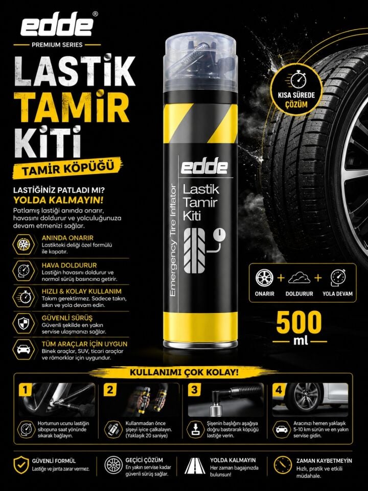 Edde Araba Araç Oto Lastik Tamir Kiti Lastik Tamir Spreyi 500 ml Oto Bakım Ürünleri