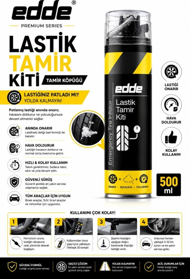 Edde Araba Araç Oto Lastik Tamir Kiti Lastik Tamir Spreyi 500 ml Oto Bakım Ürünleri