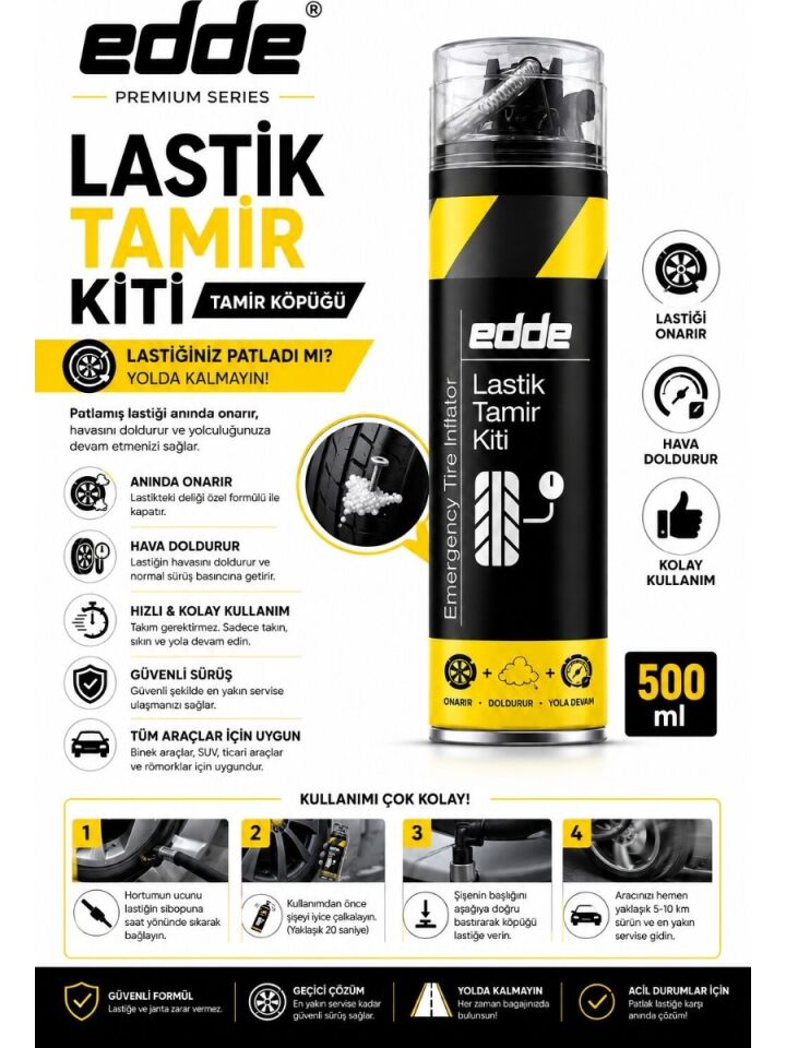 Edde Araba Araç Oto Lastik Tamir Kiti Lastik Tamir Spreyi 500 ml Oto Bakım Ürünleri