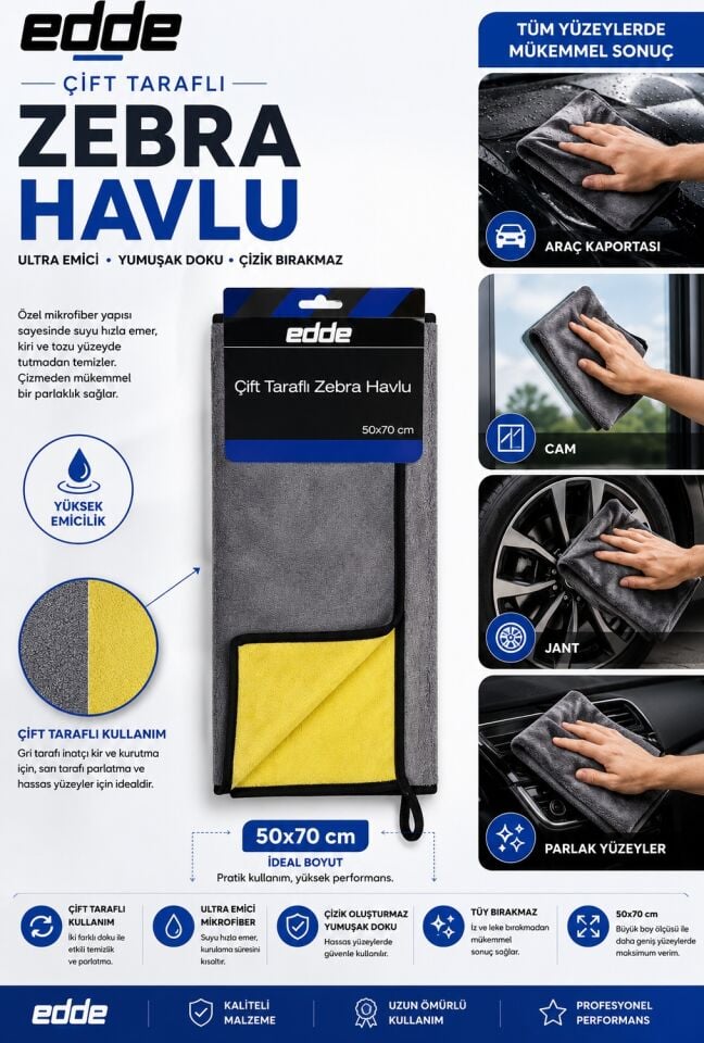 Edde Araba Araç Oto Çift Taraflı Zebra Havlu 50×70 cm Ekstra Kalın Oto Detailing