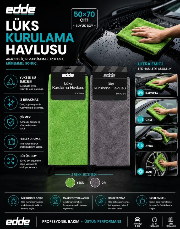 Edde Araba Araç Oto Lüks Kurulama Havlusu 50×70 cm Oto Detailing