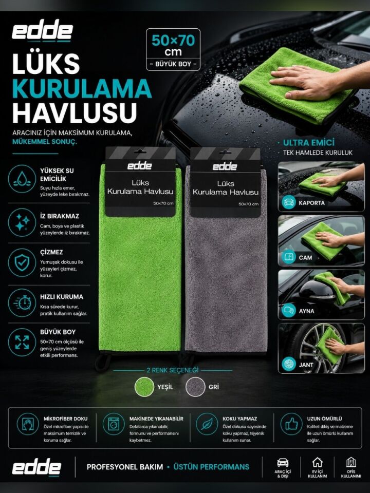 Edde Araba Araç Oto Lüks Kurulama Havlusu 50×70 cm Oto Detailing
