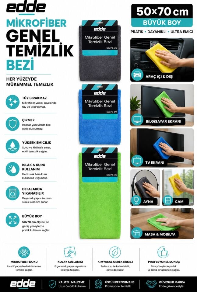 Edde Araba Araç Oto Mikrofiber Genel Temizlik Bezi 50×70 cm Oto Detailing
