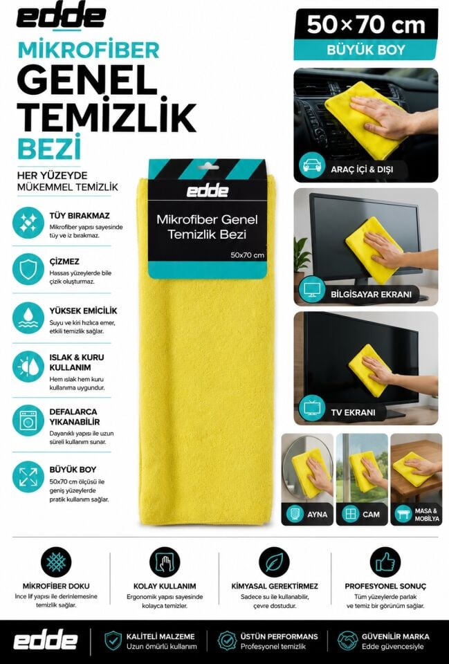 Edde Araba Araç Oto Mikrofiber Genel Temizlik Bezi 50×70 cm Oto Detailing