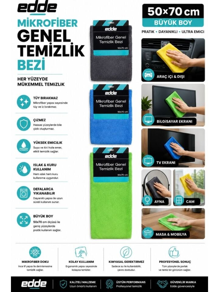 Edde Araba Araç Oto Mikrofiber Genel Temizlik Bezi 50×70 cm Oto Detailing