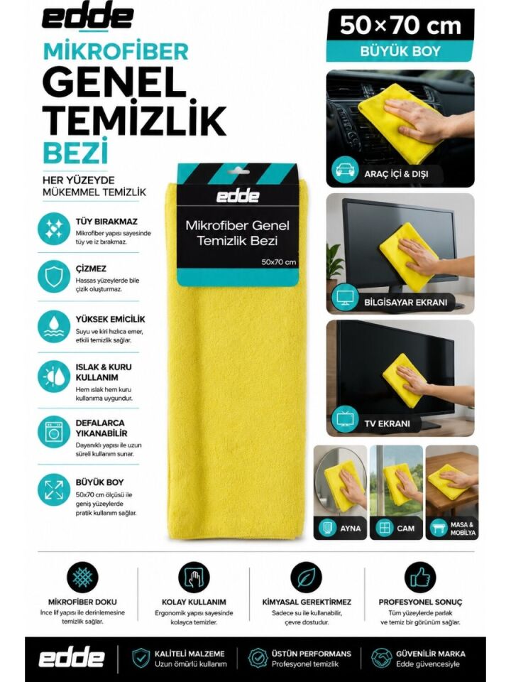 Edde Araba Araç Oto Mikrofiber Genel Temizlik Bezi 50×70 cm Oto Detailing