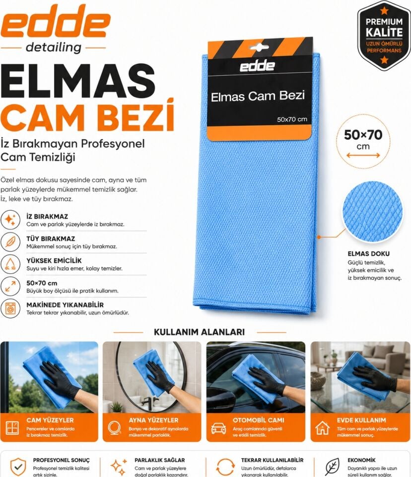 Edde Araba Araç Oto Elmas Cam Bezi  50×70 cm Oto Detailing