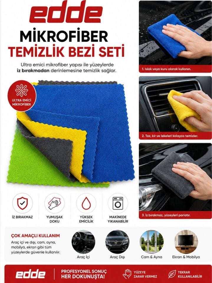 Edde Araba Araç Oto Mikrofiber 4'lü Dürüm Bez 30X30CM Oto ve Ev Bezleri