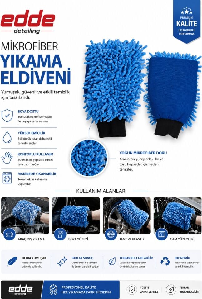 Edde Araba Araç Oto Mikrofiber Oto Yıkama Eldiveni Makarna Şönil Eldiven Oto Detailing