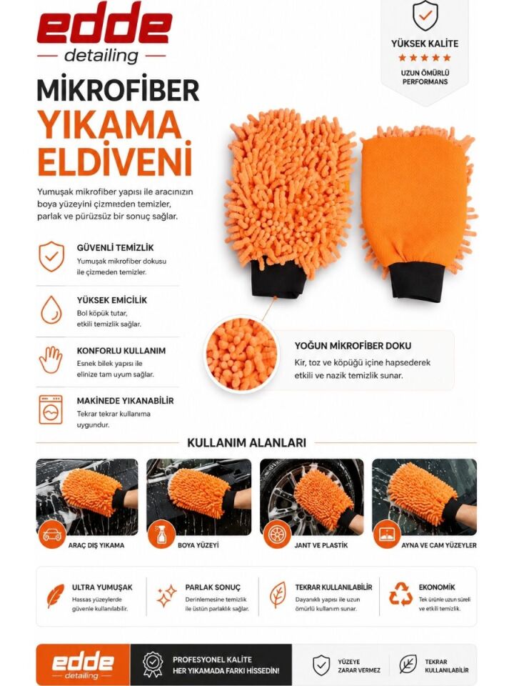 Edde Araba Araç Oto Mikrofiber Oto Yıkama Eldiveni Makarna Şönil Eldiven Oto Detailing