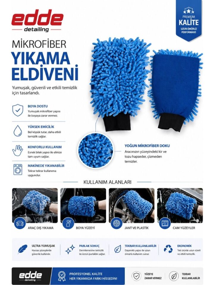 Edde Araba Araç Oto Mikrofiber Oto Yıkama Eldiveni Makarna Şönil Eldiven Oto Detailing