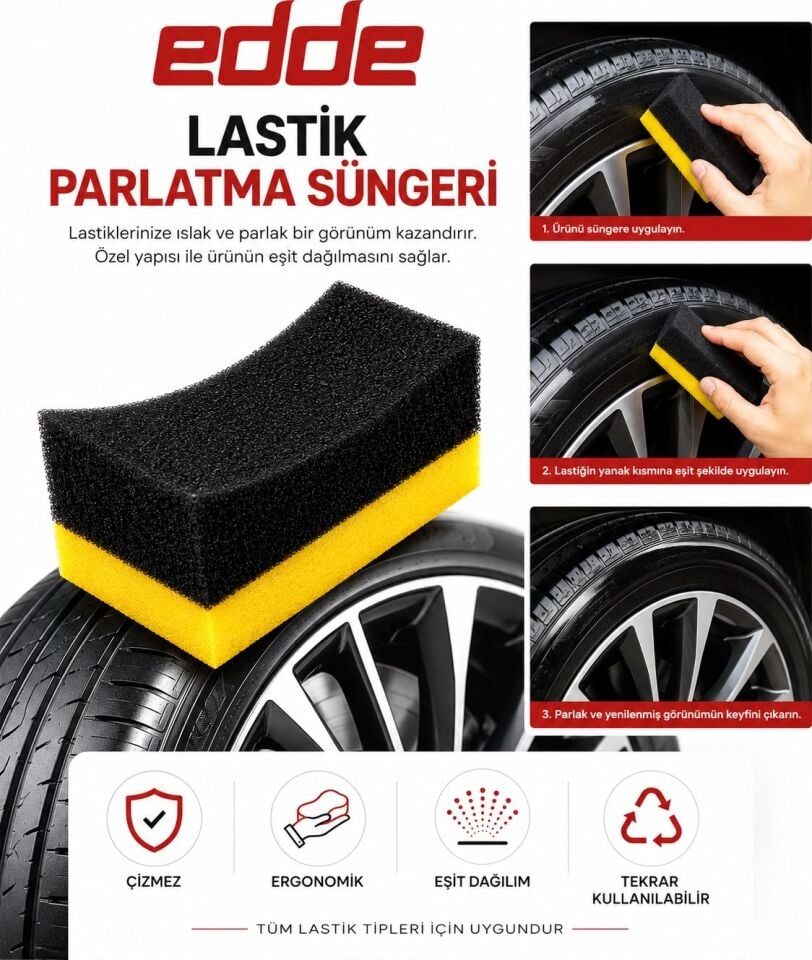 Edde Araba Araç Oto 3'lü Lastik Parlatma Süngeri Parlatıcı Sünger Oto Detailing