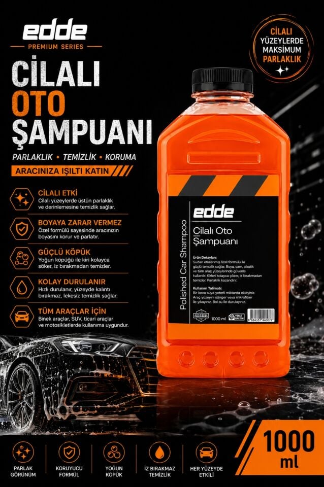 Edde Araba Araç Oto Cilalı Fırçasız Yıkama Şampuan Oto Yıkama Şampuanı Köpüğü 1 L Oto Detailing