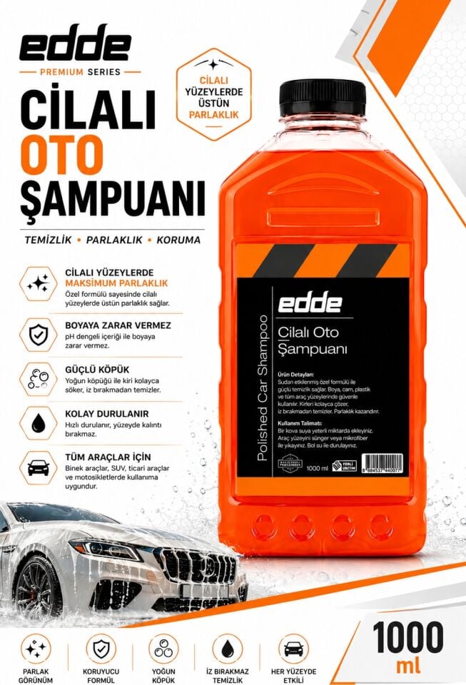 Edde Araba Araç Oto Cilalı Fırçasız Yıkama Şampuan Oto Yıkama Şampuanı Köpüğü 1 L Oto Detailing