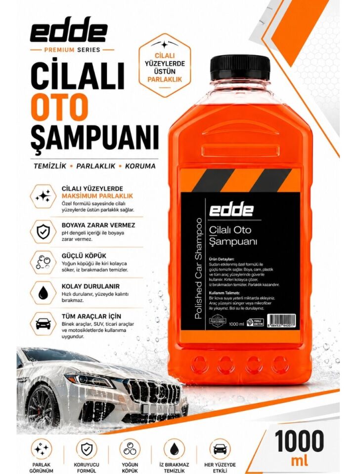 Edde Araba Araç Oto Cilalı Fırçasız Yıkama Şampuan Oto Yıkama Şampuanı Köpüğü 1 L Oto Detailing