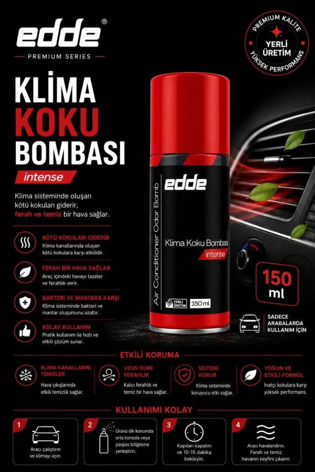 Edde Araba Araç Oto Klima Koku Bombası Klima Temizleyici 150 ml Oto Detailing Intense