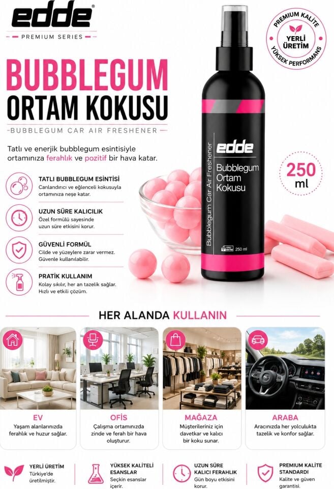 Edde Bubblegum Kokulu Ferah Kalıcı Araba Araç Oto Kokusu Araç Içi Kokuları 250 ml Oto Parfümü Oto Detailing