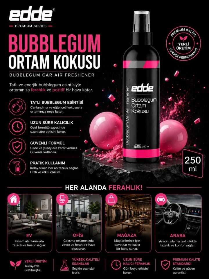Edde Bubblegum Kokulu Ferah Kalıcı Araba Araç Oto Kokusu Araç Içi Kokuları 250 ml Oto Parfümü Oto Detailing
